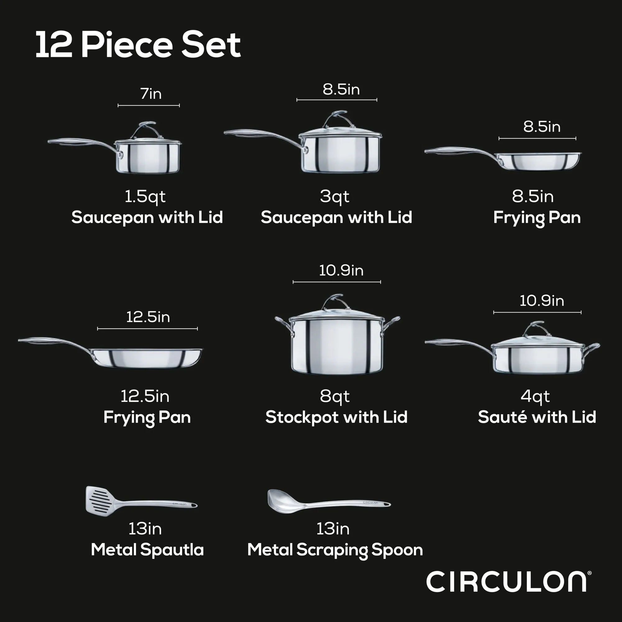 10-Piece Stainless Steel Cookware Set with 2-Piece Bonus Utensil Set