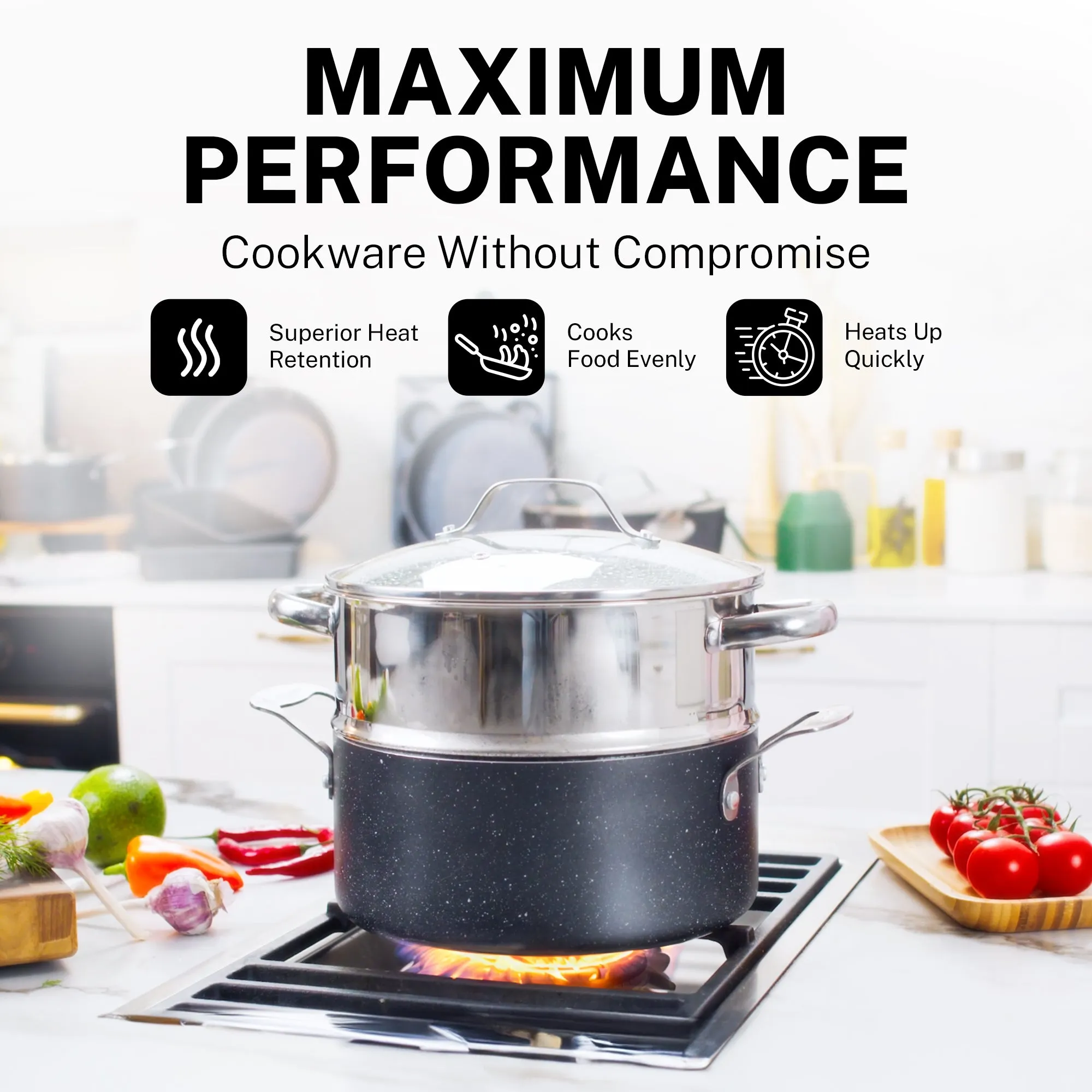 20-Piece EXPRESS SET, Ceramic Nonstick Pots and Pan Set, Bakeware, Utensils, Frying Pan, Stock Pot, Steamer, Stainless Steel Handles