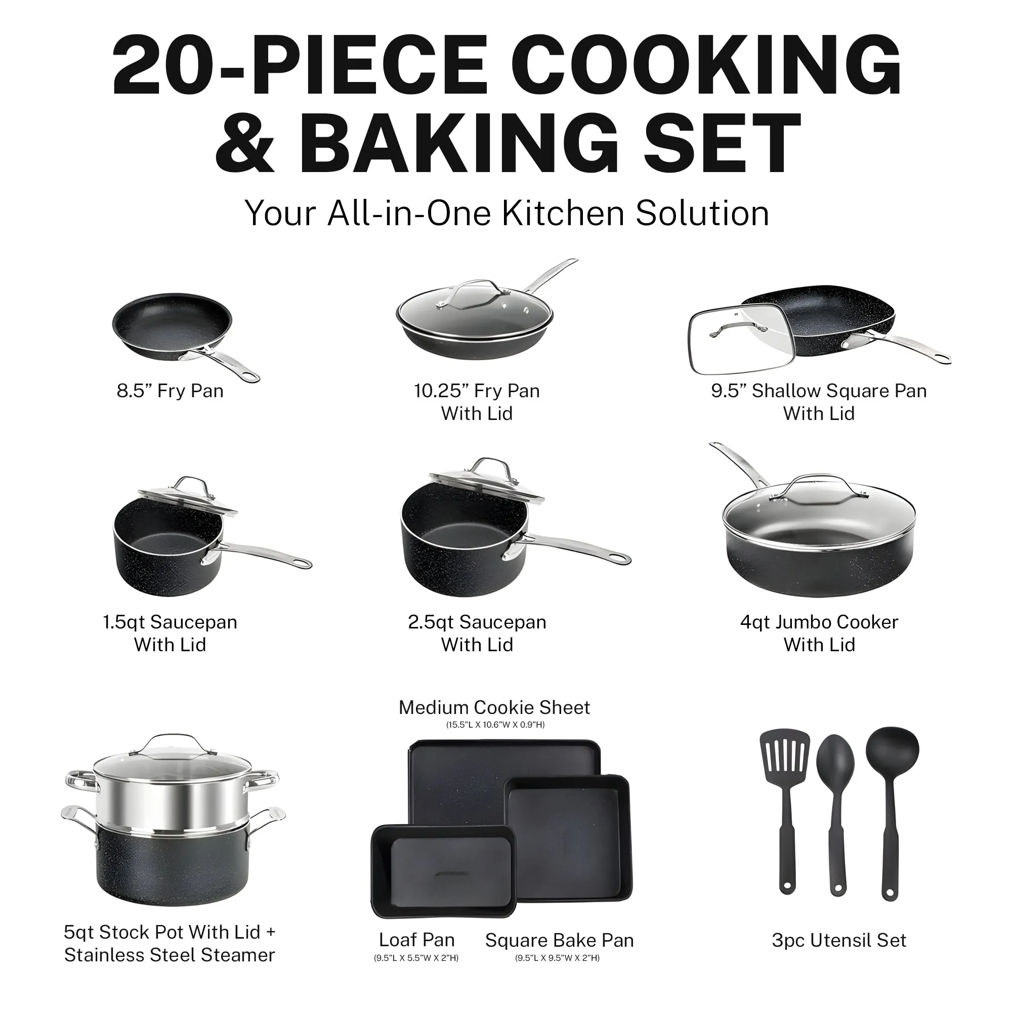 20-Piece EXPRESS SET, Ceramic Nonstick Pots and Pan Set, Bakeware, Utensils, Frying Pan, Stock Pot, Steamer, Stainless Steel Handles