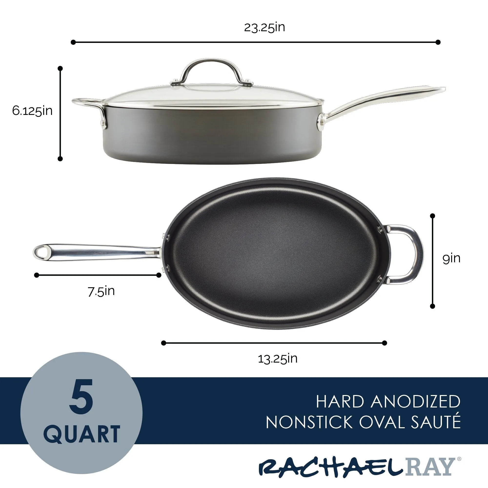 5-Quart Professional Hard Anodized Nonstick Oval Sauté Pan with Lid