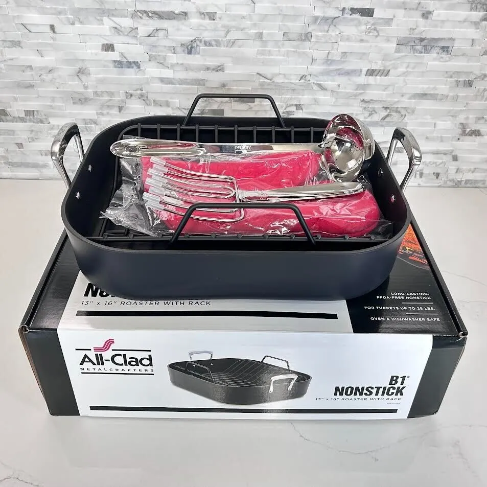All-clad B1 Nonstick Roaster w/ Rack,13" x 16" , All-clad Mitts and Turkey Forks