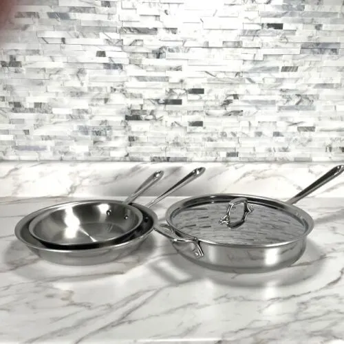 All-Clad Stainless Steel D3 8 and 10 inch fry pan w/3 quart saute pan and lid
