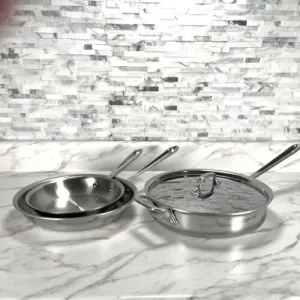 All-Clad Stainless Steel D3 8 and 10 inch fry pan w/3 quart saute pan and lid