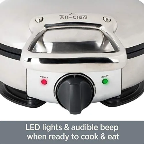 All-Clad WD700162 Stainless Steel Classic Round Waffle Maker with 7 Browning Settings, 4-Section, with All-clad ladle