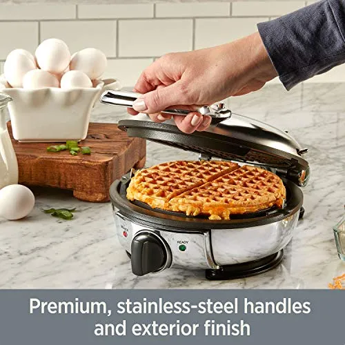 All-Clad WD700162 Stainless Steel Classic Round Waffle Maker with 7 Browning Settings, 4-Section, with All-clad ladle