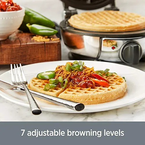 All-Clad WD700162 Stainless Steel Classic Round Waffle Maker with 7 Browning Settings, 4-Section, with All-clad ladle