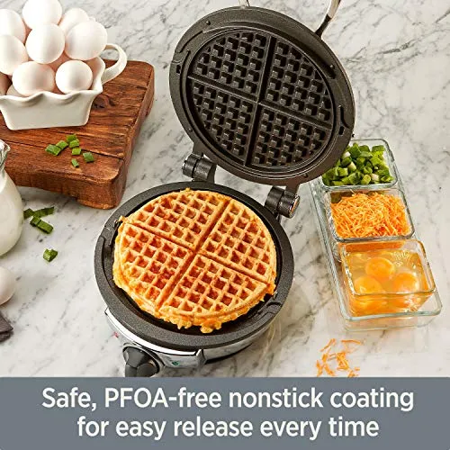 All-Clad WD700162 Stainless Steel Classic Round Waffle Maker with 7 Browning Settings, 4-Section, with All-clad ladle