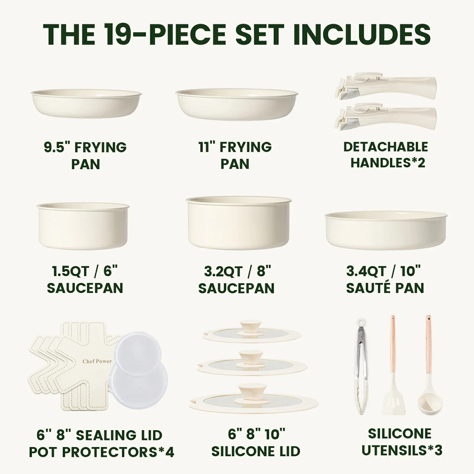 Detachable Handle Ceramic Nonstick 19-Piece Cookware Set