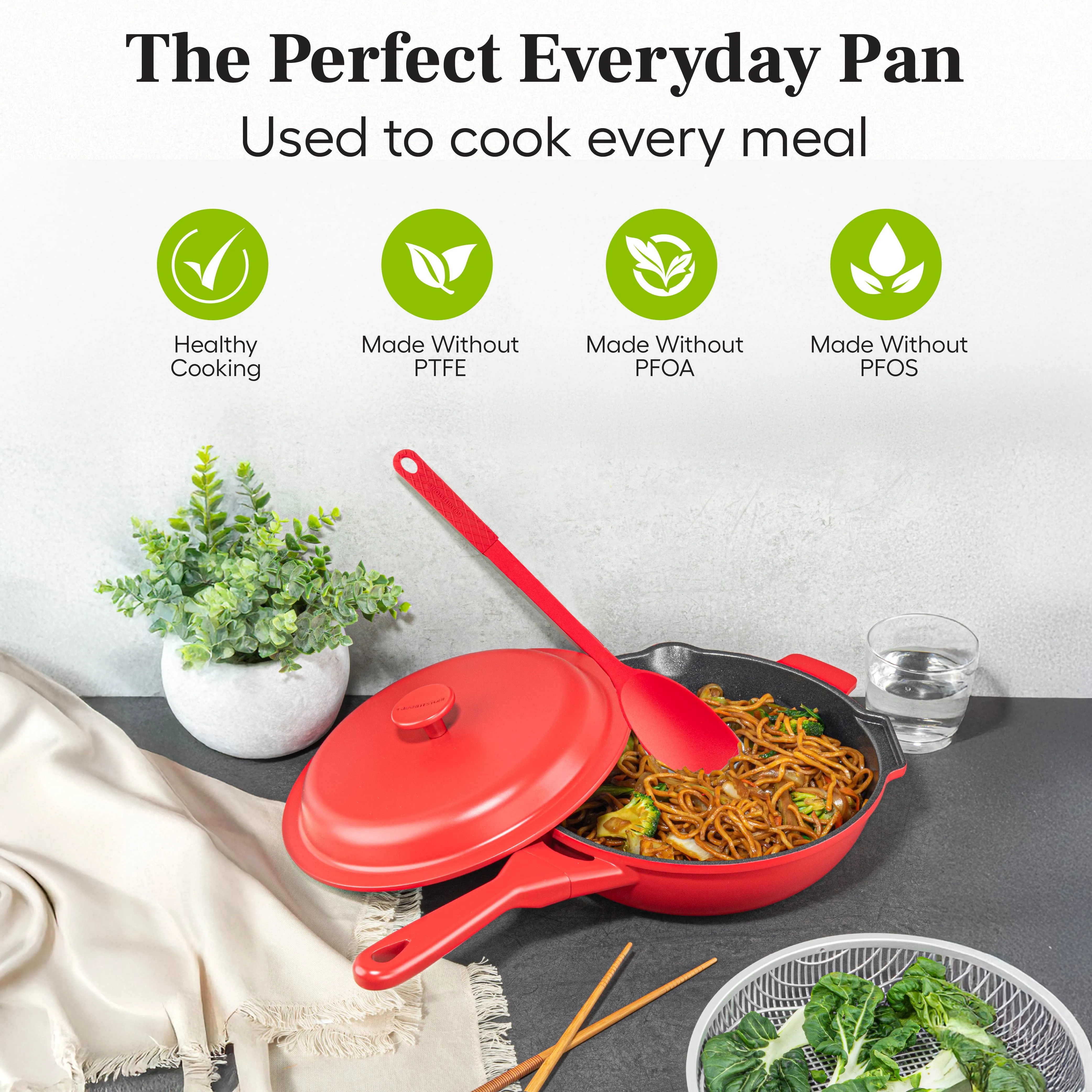 Granitestone 10" Zuka Pan – 6-Piece Multi-Functional 10-in-1 Everyday Pan Set with Lid, Nylon Spoon & Steamer Basket