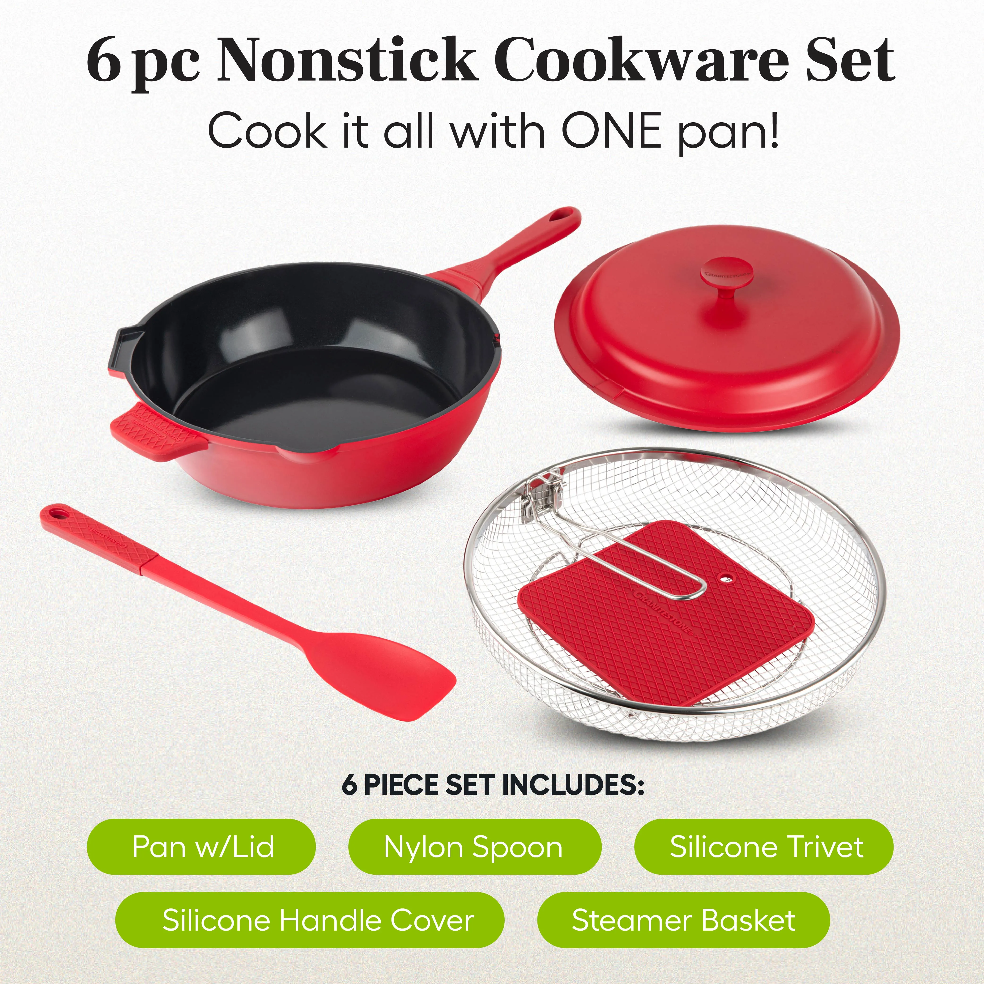 Granitestone 10" Zuka Pan – 6-Piece Multi-Functional 10-in-1 Everyday Pan Set with Lid, Nylon Spoon & Steamer Basket