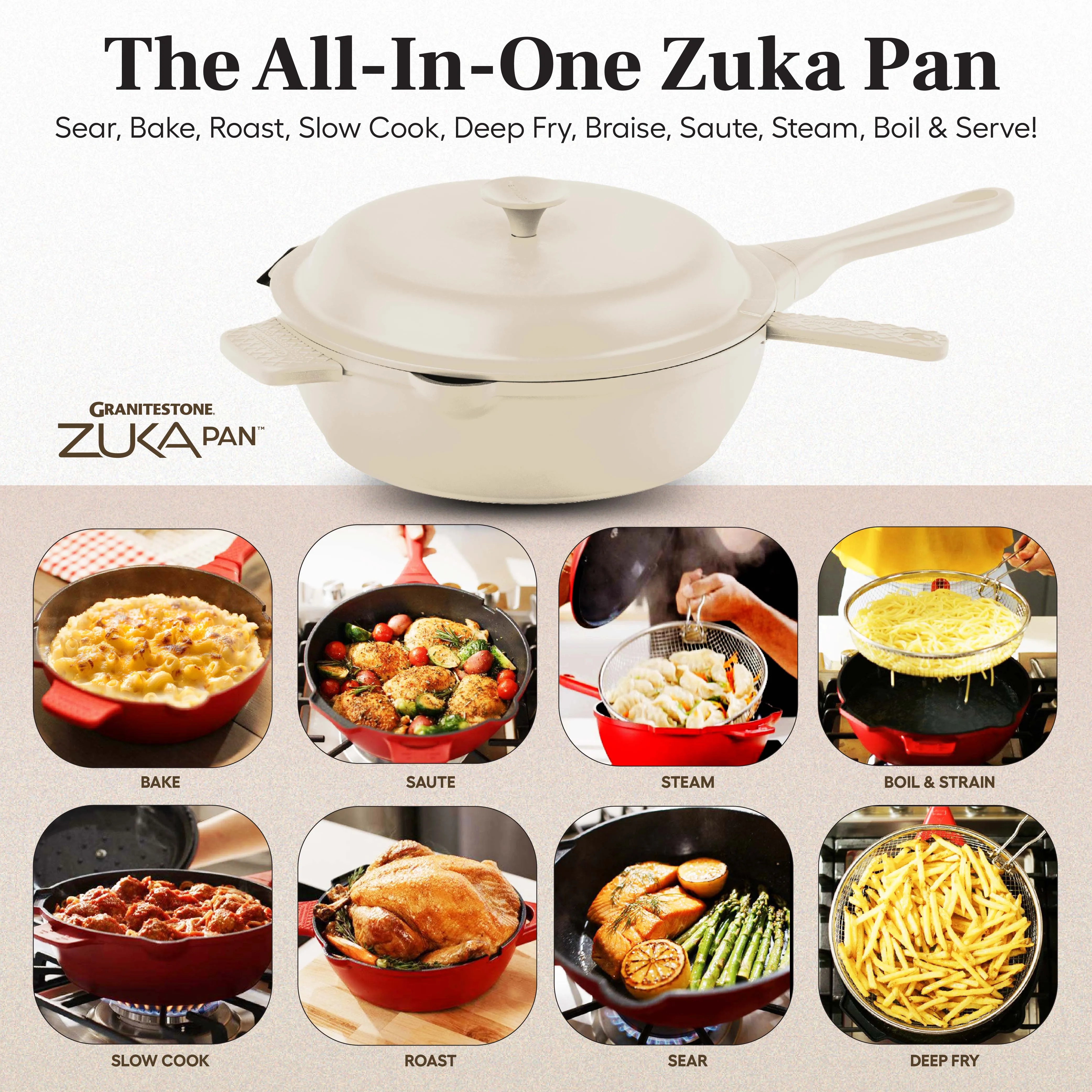 Granitestone 10" Zuka Pan – 6-Piece Multi-Functional 10-in-1 Everyday Pan Set with Lid, Nylon Spoon & Steamer Basket