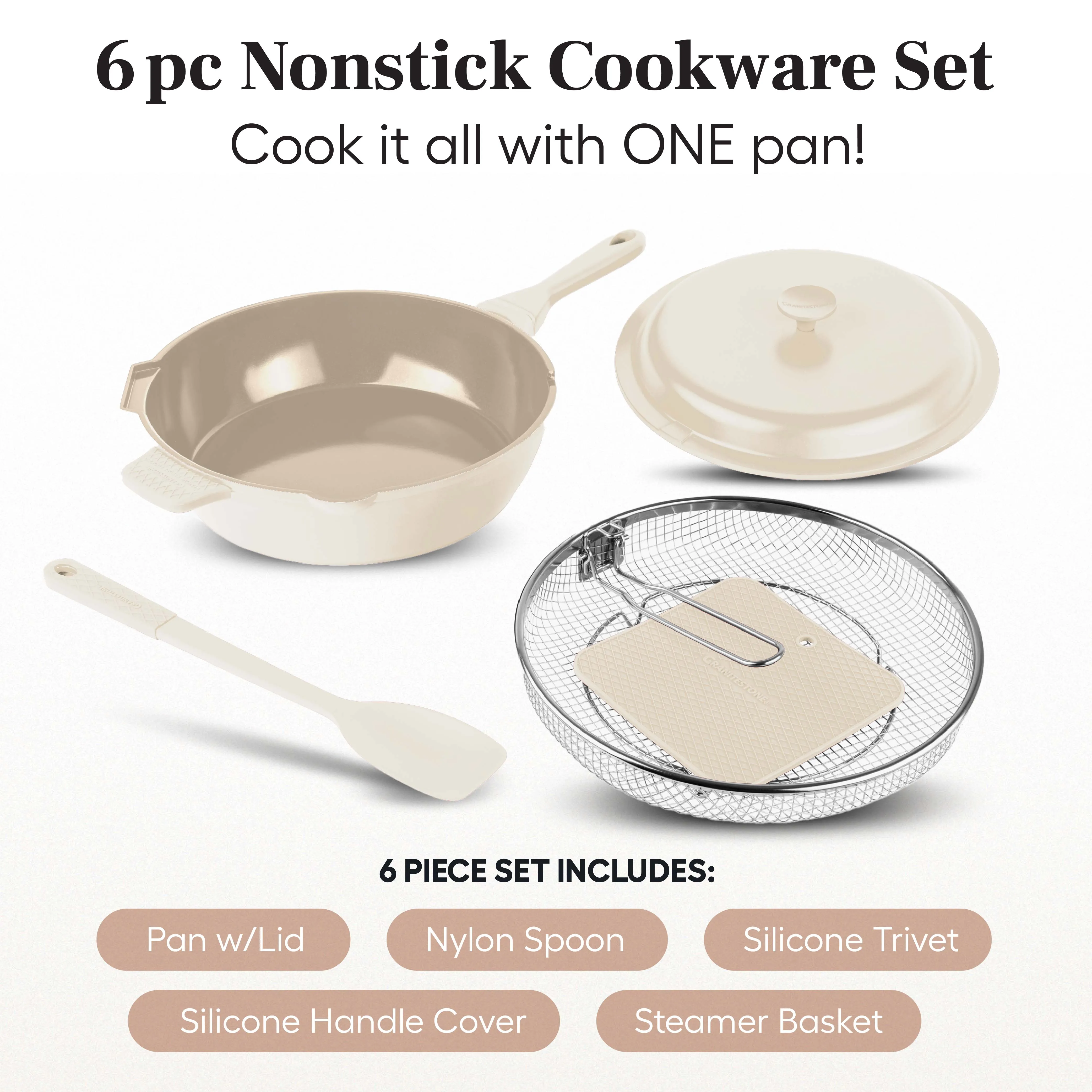 Granitestone 10" Zuka Pan – 6-Piece Multi-Functional 10-in-1 Everyday Pan Set with Lid, Nylon Spoon & Steamer Basket