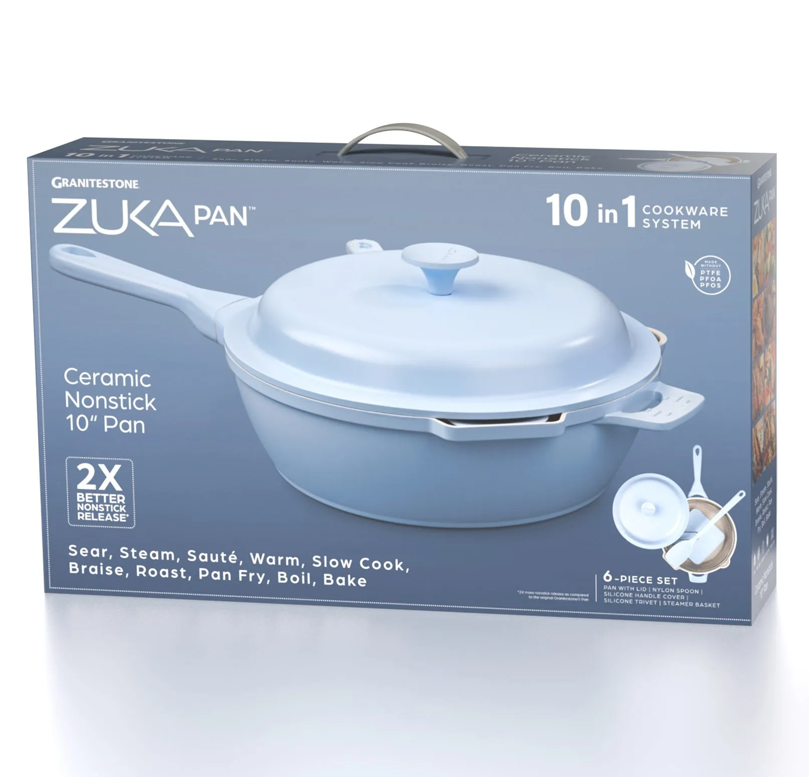 Granitestone 10" Zuka Pan – 6-Piece Multi-Functional 10-in-1 Everyday Pan Set with Lid, Nylon Spoon & Steamer Basket