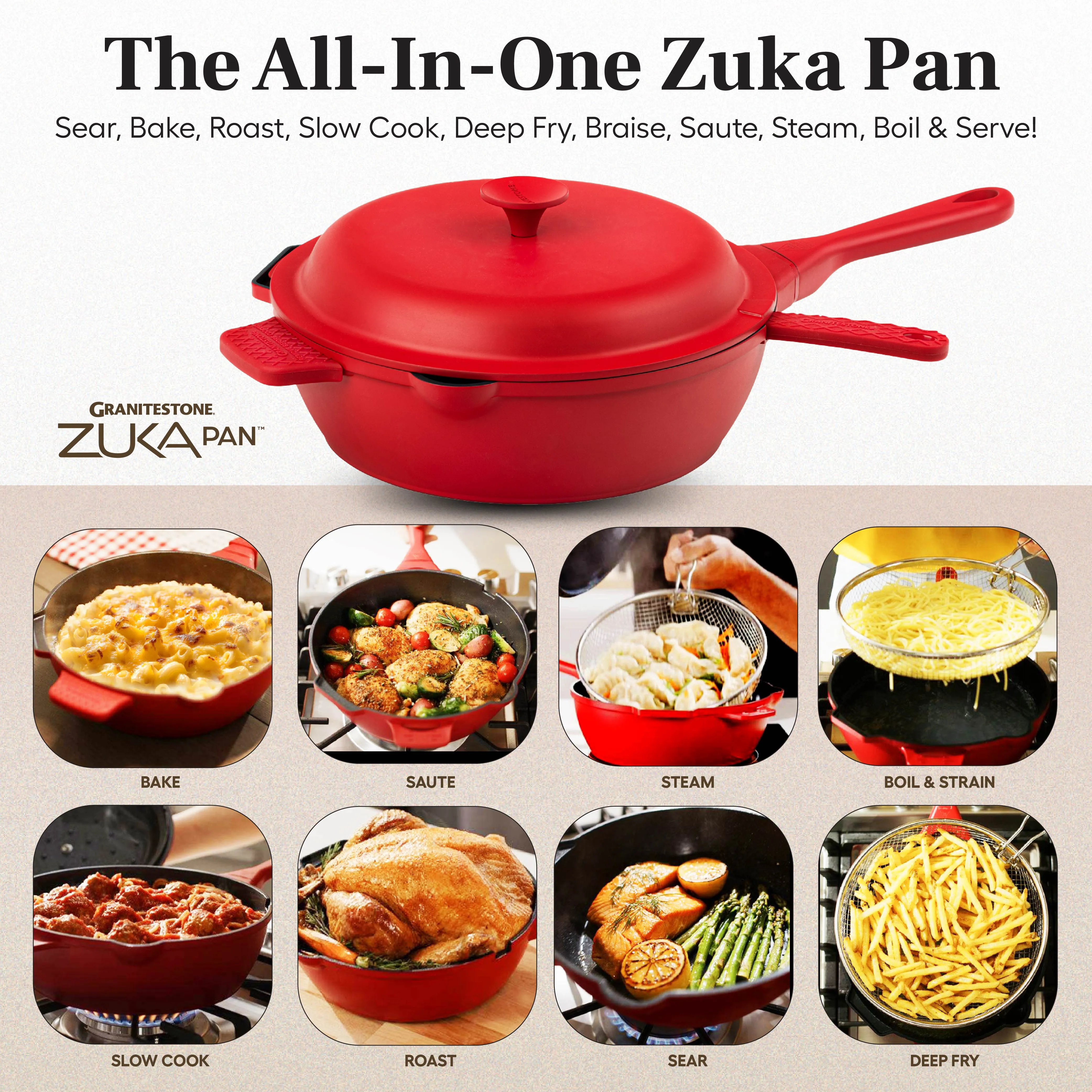 Granitestone 10" Zuka Pan – 6-Piece Multi-Functional 10-in-1 Everyday Pan Set with Lid, Nylon Spoon & Steamer Basket