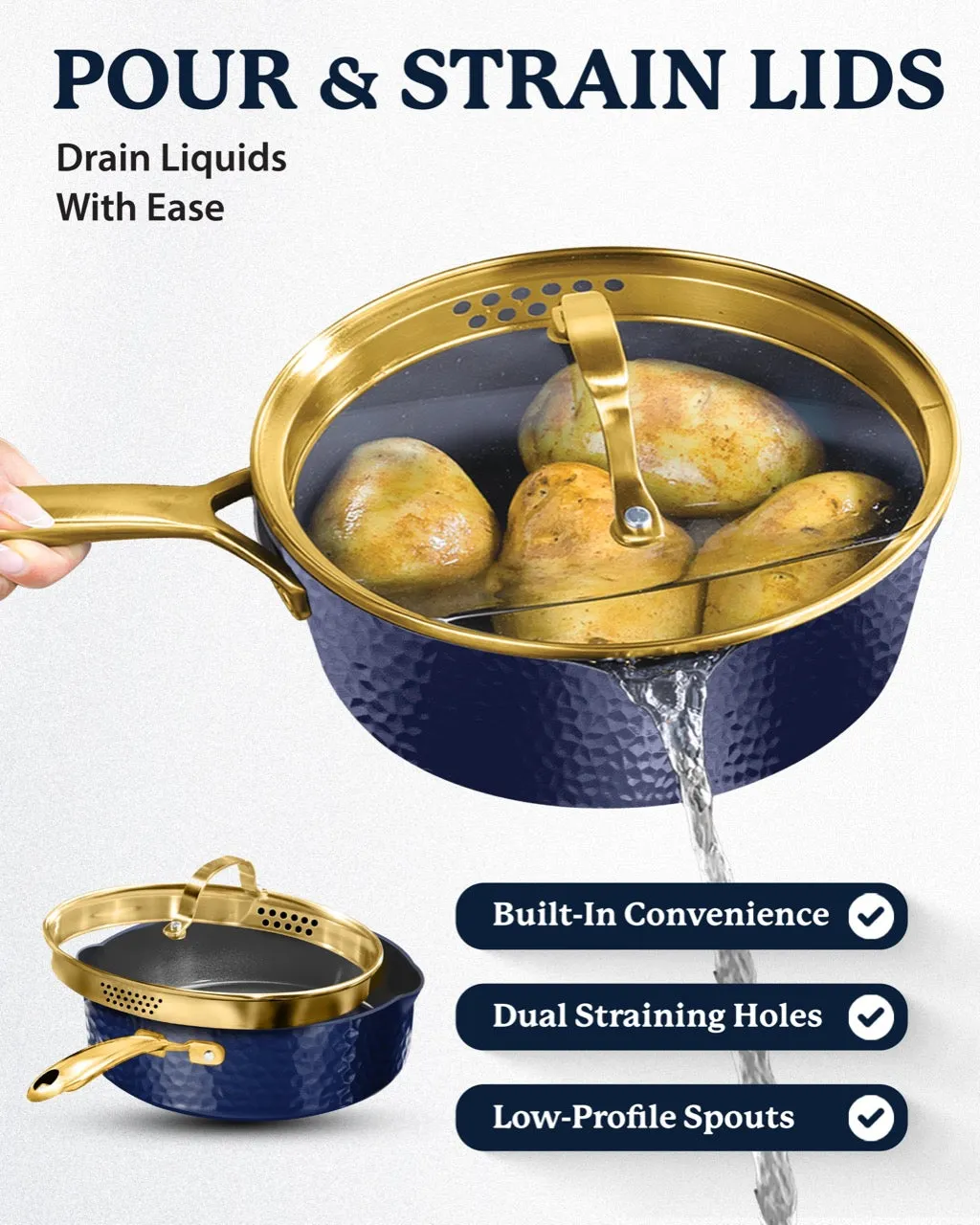 Granitestone Charleston Collection - Hammered Cookware - Pans, Available in Navy, Black, and White
