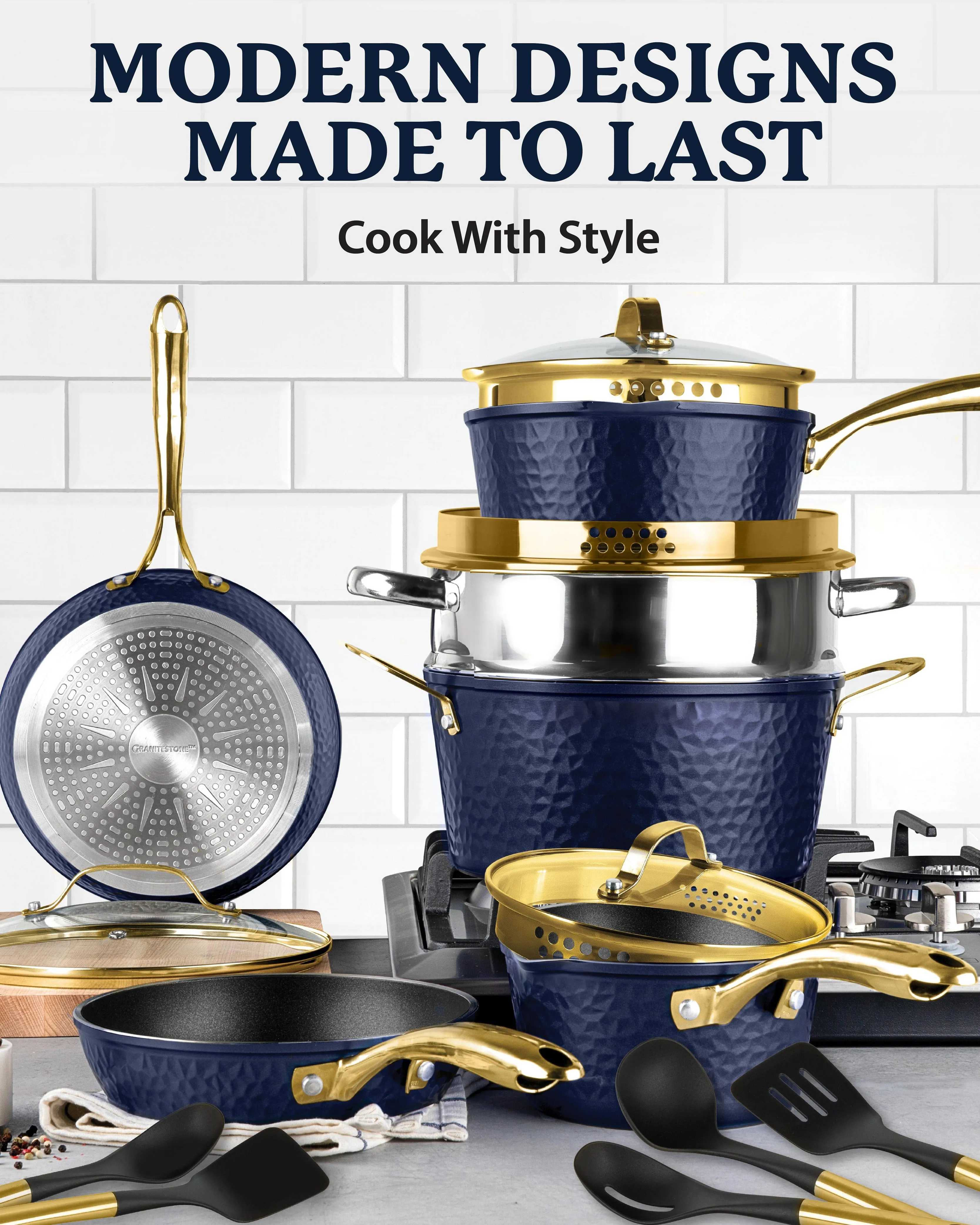 Granitestone Charleston Collection - Hammered Cookware - Pots, Pans, Available in Navy, Black, and White