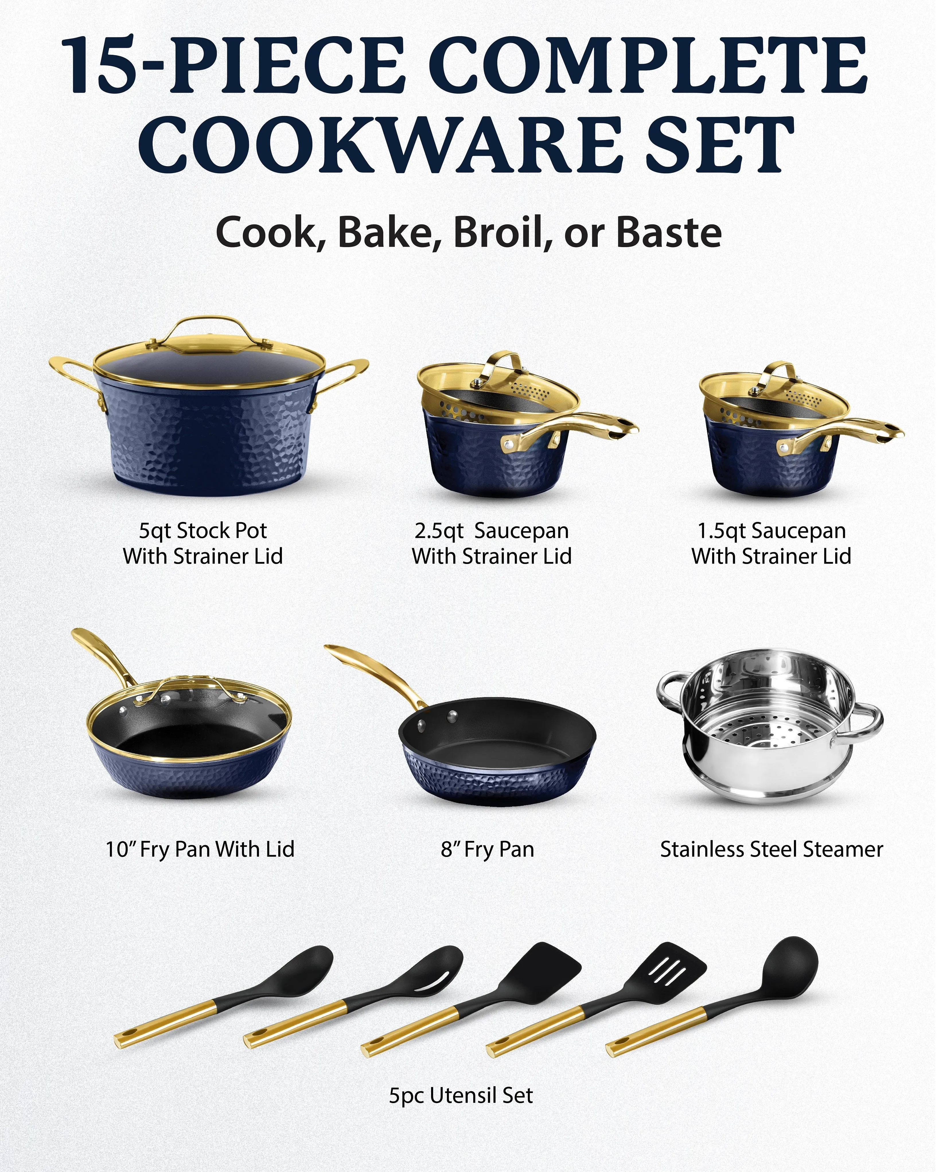 Granitestone Charleston Collection - Hammered Cookware - Pots, Pans, Available in Navy, Black, and White