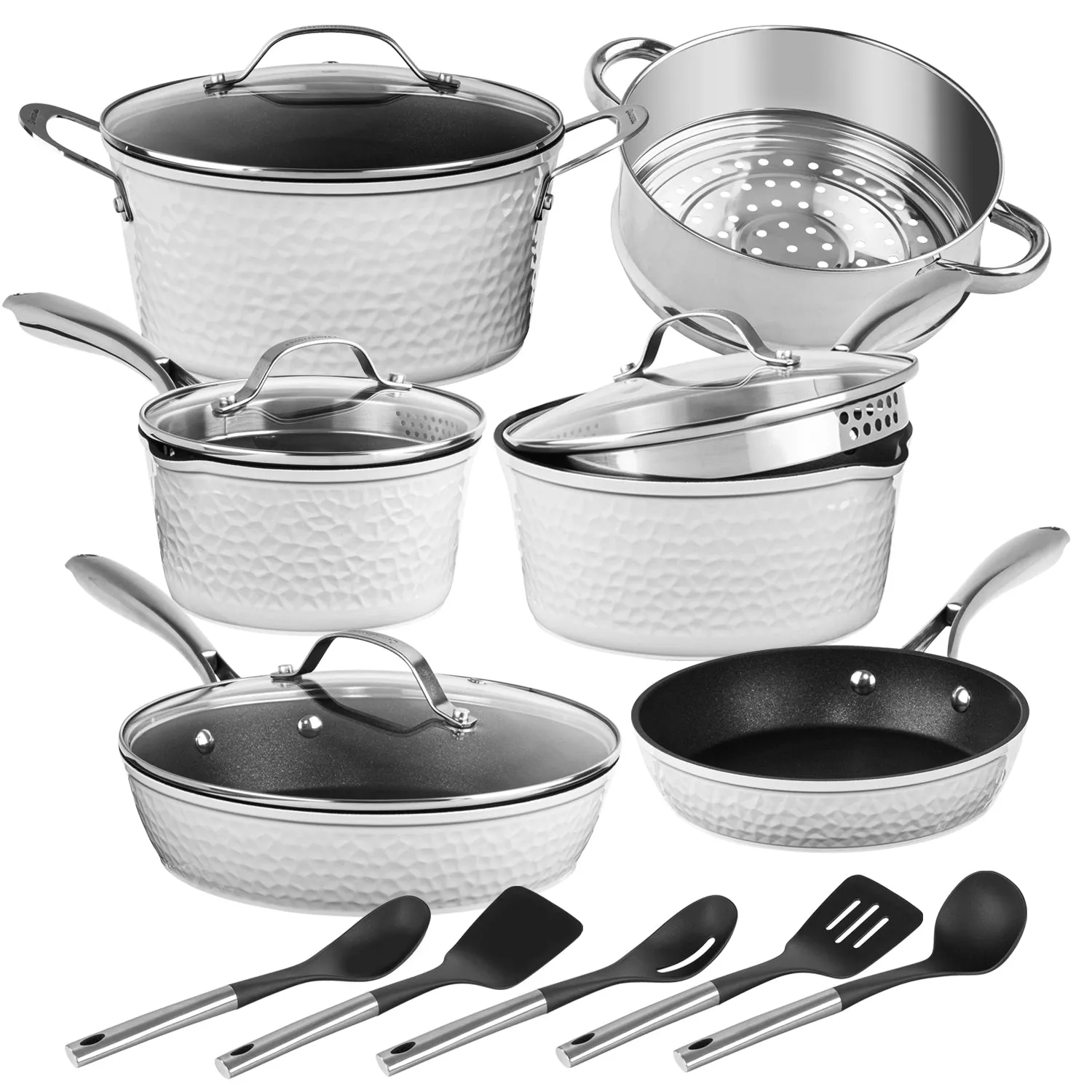 Granitestone Charleston Collection - Hammered Cookware - Pots, Pans, Available in Navy, Black, and White