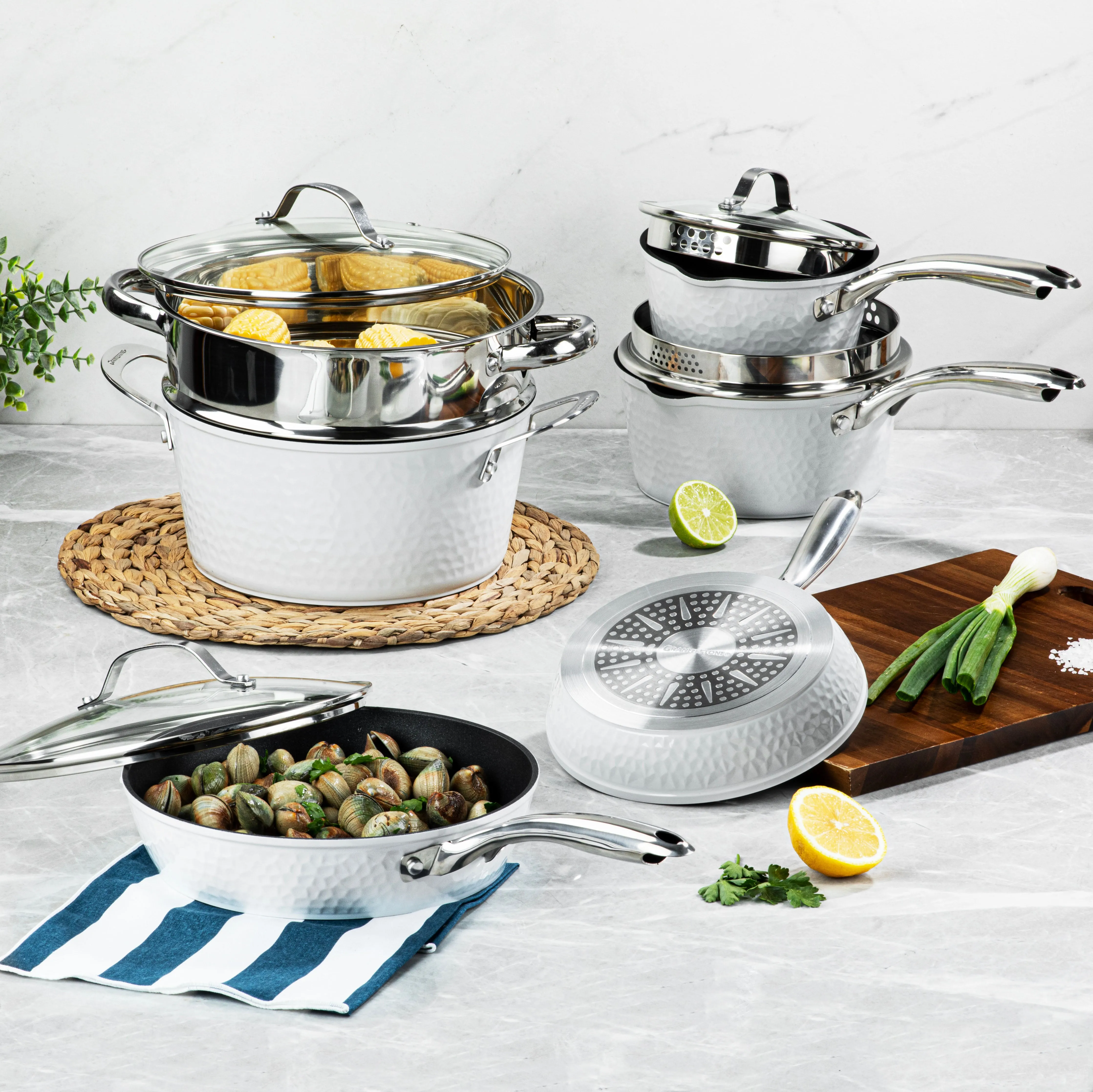 Granitestone Charleston Collection - Hammered Cookware - Pots, Pans, Available in Navy, Black, and White