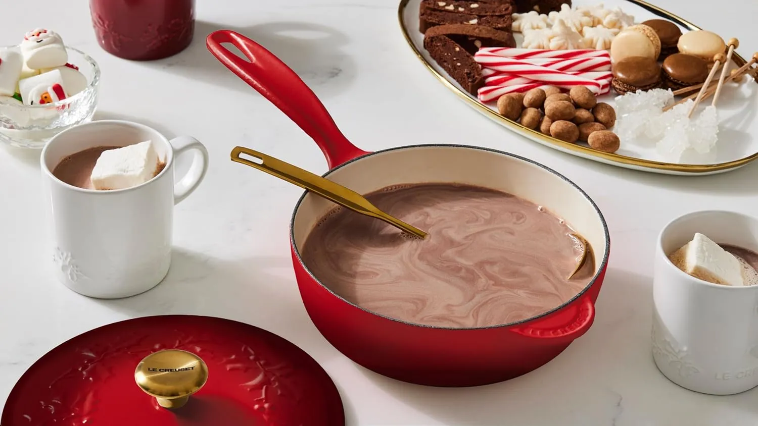 Le Creuset 2 1/4 Qt. Enameled Cast Iron Saucier w/Holly Embossed Lid & Gold Knob - Cerise