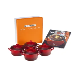Le Creuset Set of 4 Mini Cocottes w/Mini-Cocotte Cookbook (8 oz. each) - Cerise