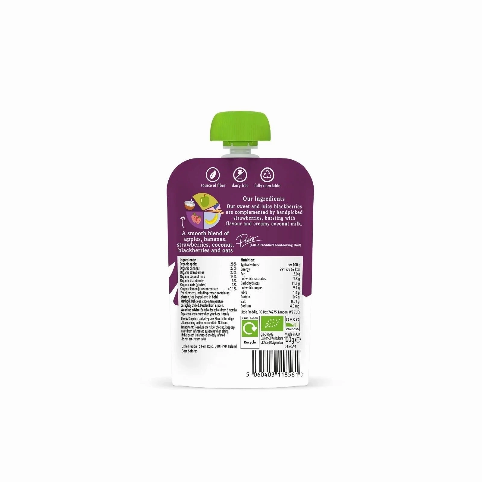 Little Freddie Organic Velvety Coconut & Summer Berries 6  months 100g